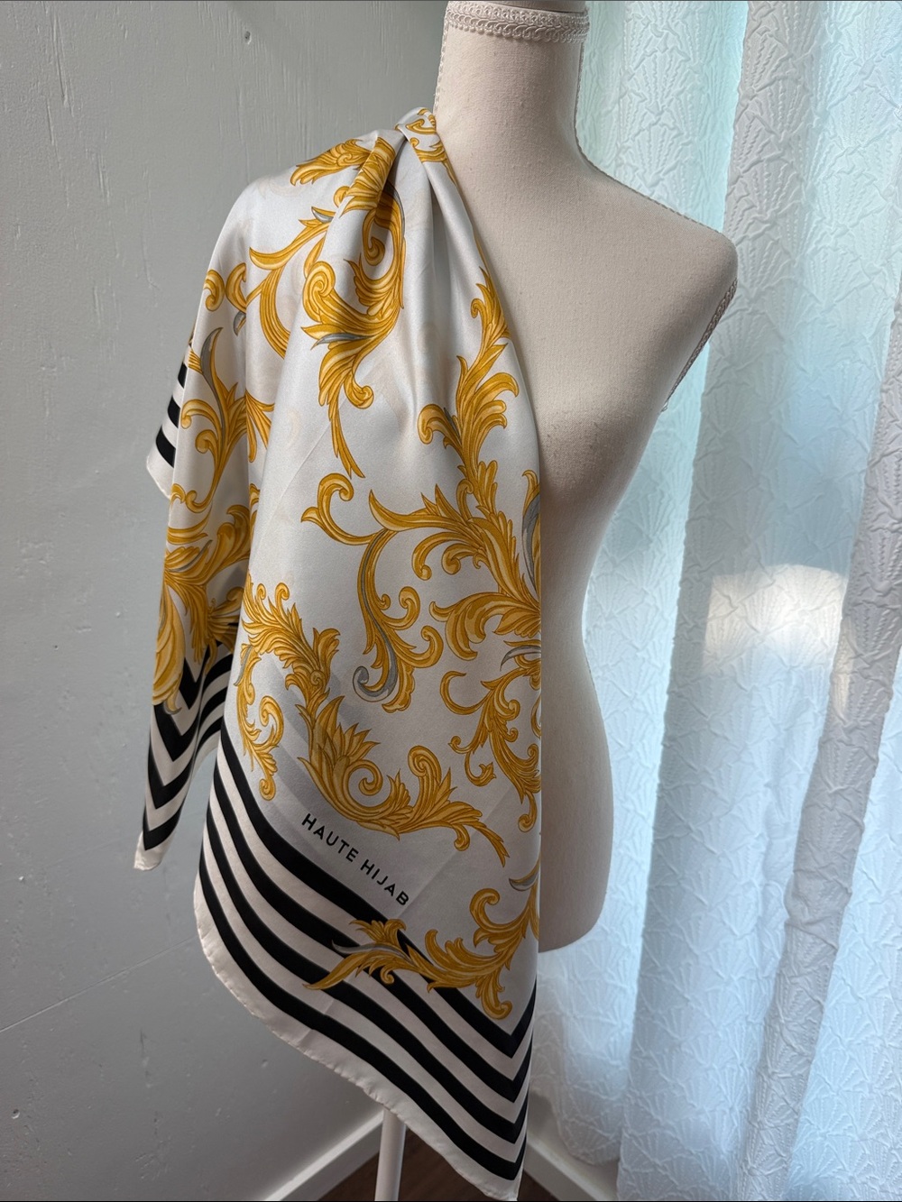 White and Gold Baroque Print Scarf